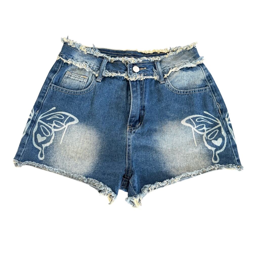 Y2K Butterfly Bleach Print Frayed Waist Denim Shorts Women’s Size Medium